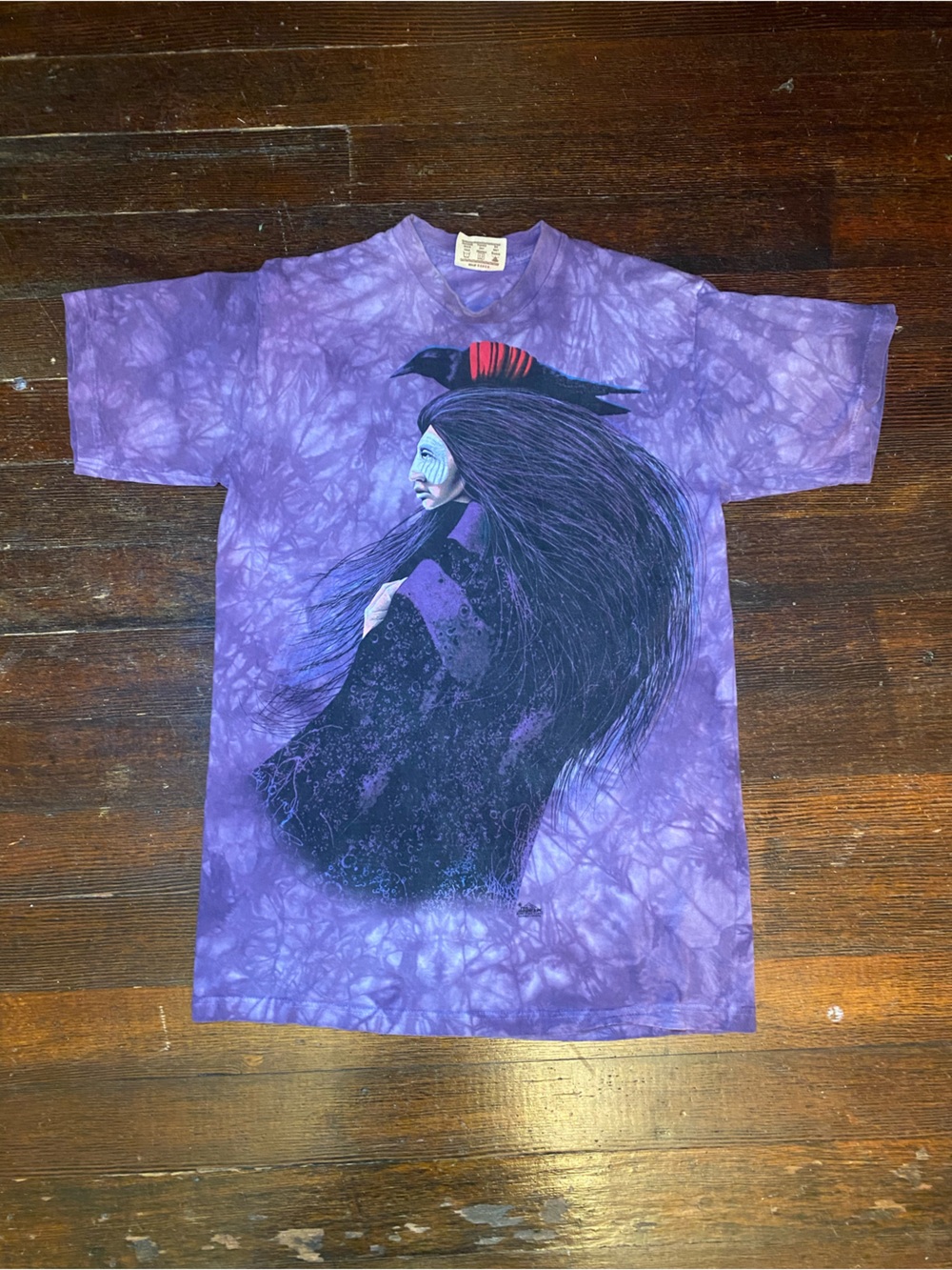 VGUC The Mountain Tie Dye Indigenous Woman w/ Long Hair and Crow on Head